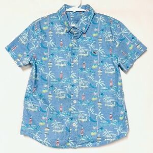 EUC Vineyard Vines Boys Shirt Sz 7 Palms Bahamas Scene Short Sleeve Button Down